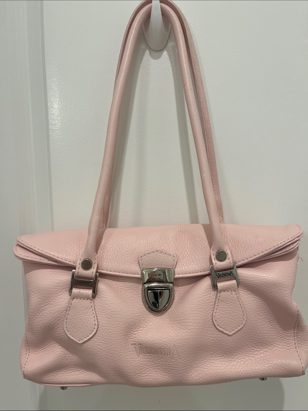 Valentina Pale Pink Genuine Leather Bag with Silver Hardware-Made in Italy